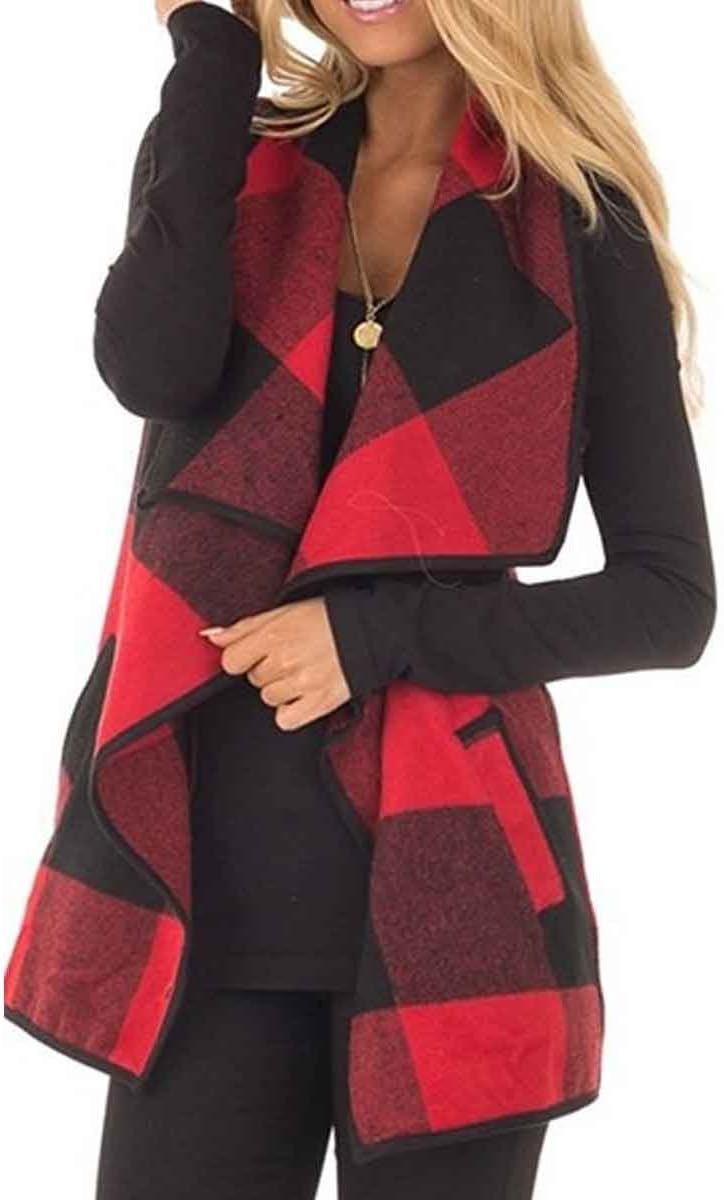 HELIDA Womens Red Plaid Sleeveless Waterfall Front Winter Vest Outerwear Trench Coat M
