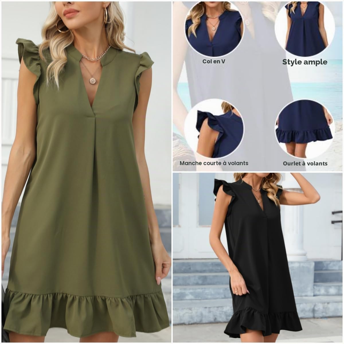 Famulily Robe d'été pour femme - Couleur unie - Col en V - Volants - Manches courtes - Tailles S à XXL