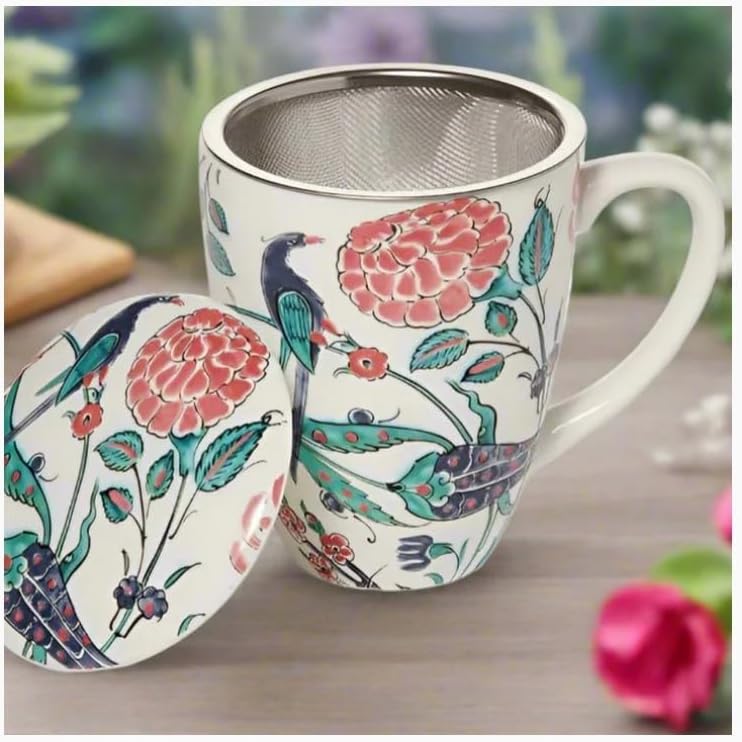 Metropolitan Museum of Art, Iznik Garden Covered Porcelain Mug with Tea Infuser in Gift Box, 10.5 oz