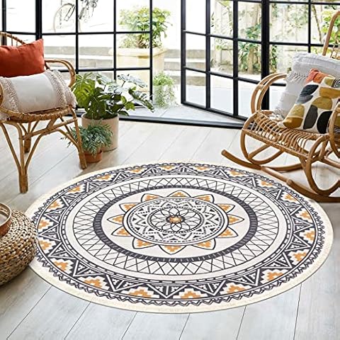 SHACOS Round Cotton Rug 120cm Woven Vintage Area Rug Washable Floor Mat Carpet Rug Grey Large Bohemian Rug with Tassels Area Rug for Living Room Bedroom Kitchen Room Entryway Cover