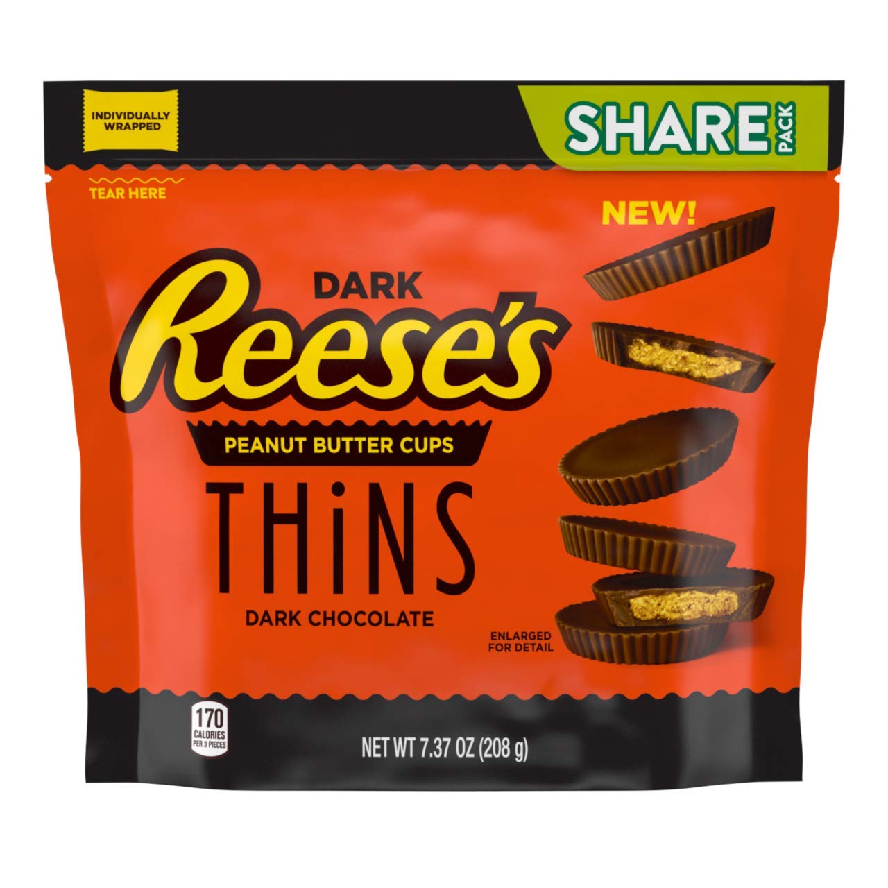REESE'S THiNS Dark Chocolate Peanut Butter Cups Candy, Bulk Individually Wrapped, 7.37 oz Share Packs, Pack of 8 (Package May Vary)