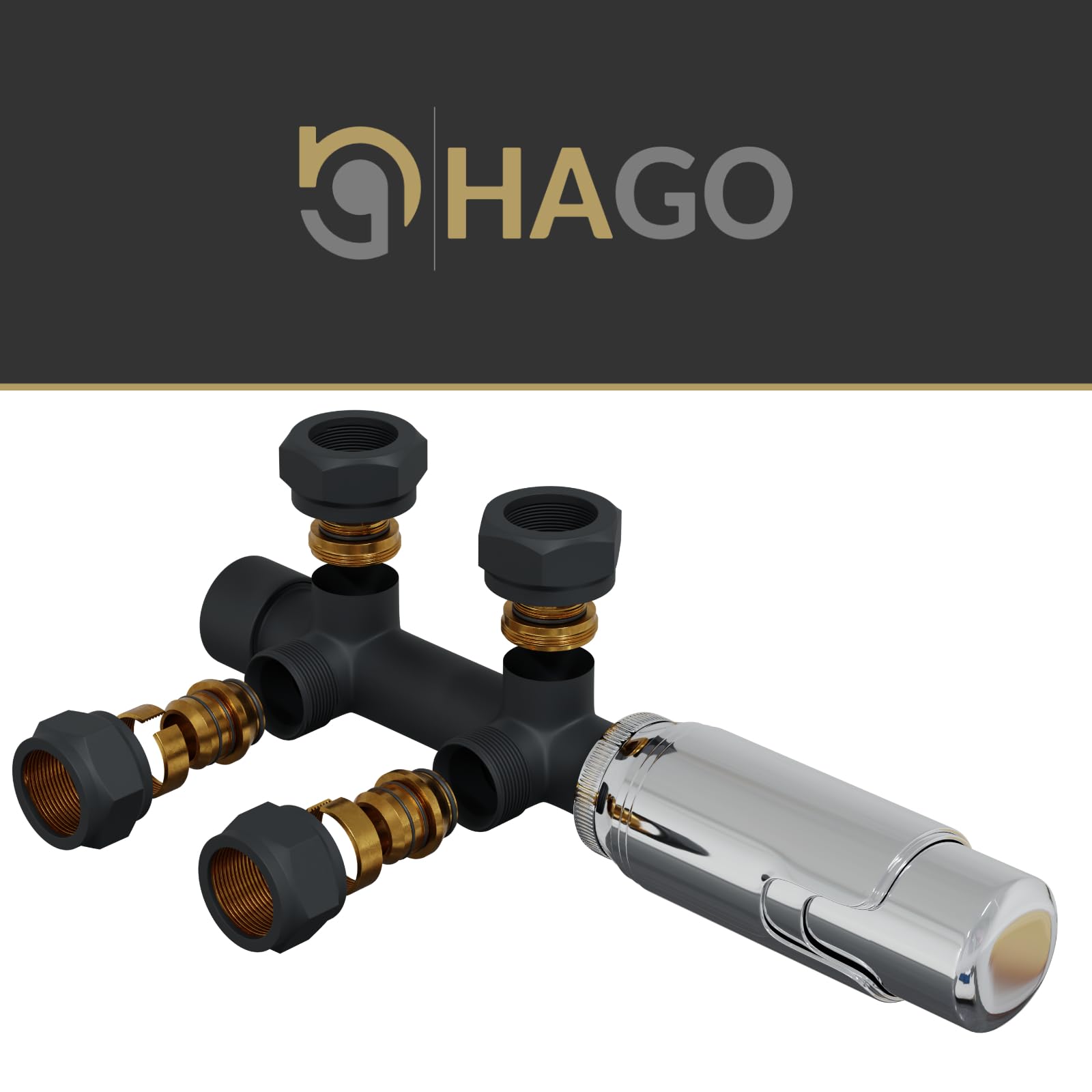 HAGO 24 | Termostato per termosifone | antracite | distanza tubo 50 mm | due tubi | attacco centrale | attacco a parete | posizione antigelo | multiblocco | raccordo di collegamento