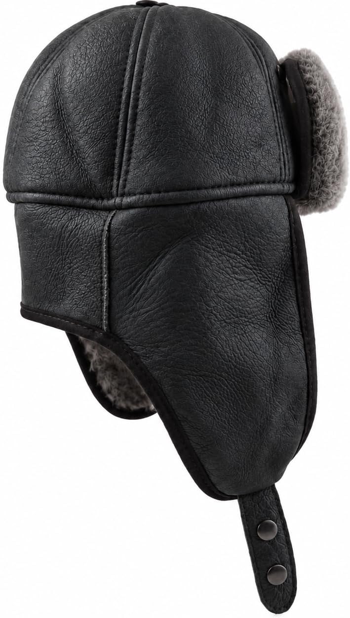 Genuine Shearling Sheepskin Trapper Hat for Men – Leather Aviator Winter Hat with Goggles