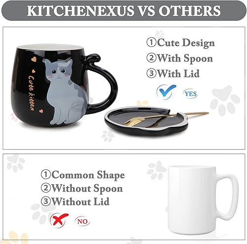 Miniatura 5 de Kitchenexus Bonita taza de café con diseño de gato, taza de té de leche de cerámica con bonita tapa de gatito y cuchara de acero inoxidable para