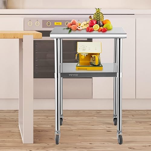 Miniatura 8 de VEVOR Stainless Steel Prep Table 24 x 24 x 36 Inch 600lbs Load Capacity Heavy Duty Metal Worktable with Adjustable Undershelf  Universal Wheels