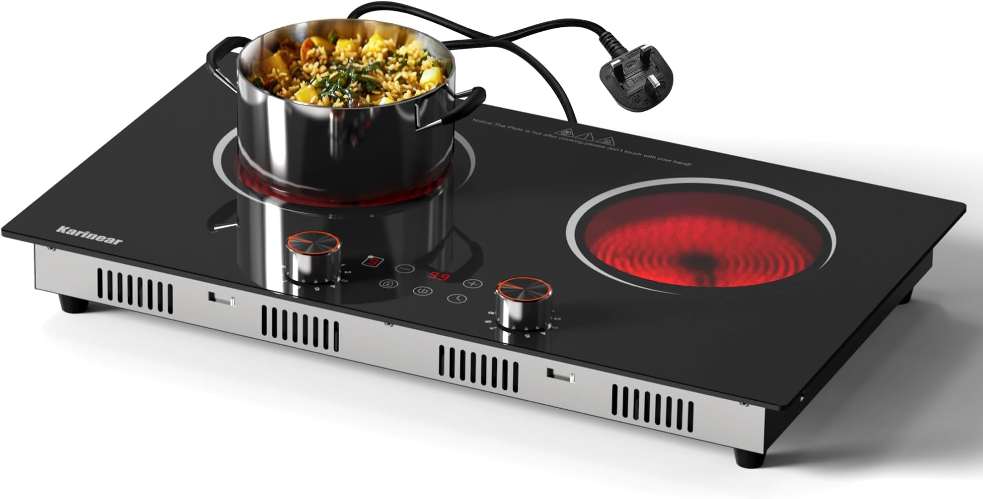 Karinear Double Ceramic Hob, Double Electric Hob Portable 30cm Ceramic Hob Knob Control with 4-Hour Timer, 9 Power up to 2800W, Safety Lock, for All Type Pot