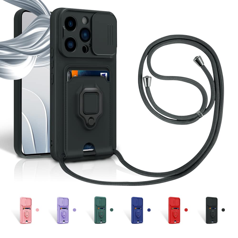 Funda con Cuerda para iPhone 12 Pro MAX Case con Ranura para Tarjetas,360 Anillo función de Soporte Cubierta -Negro