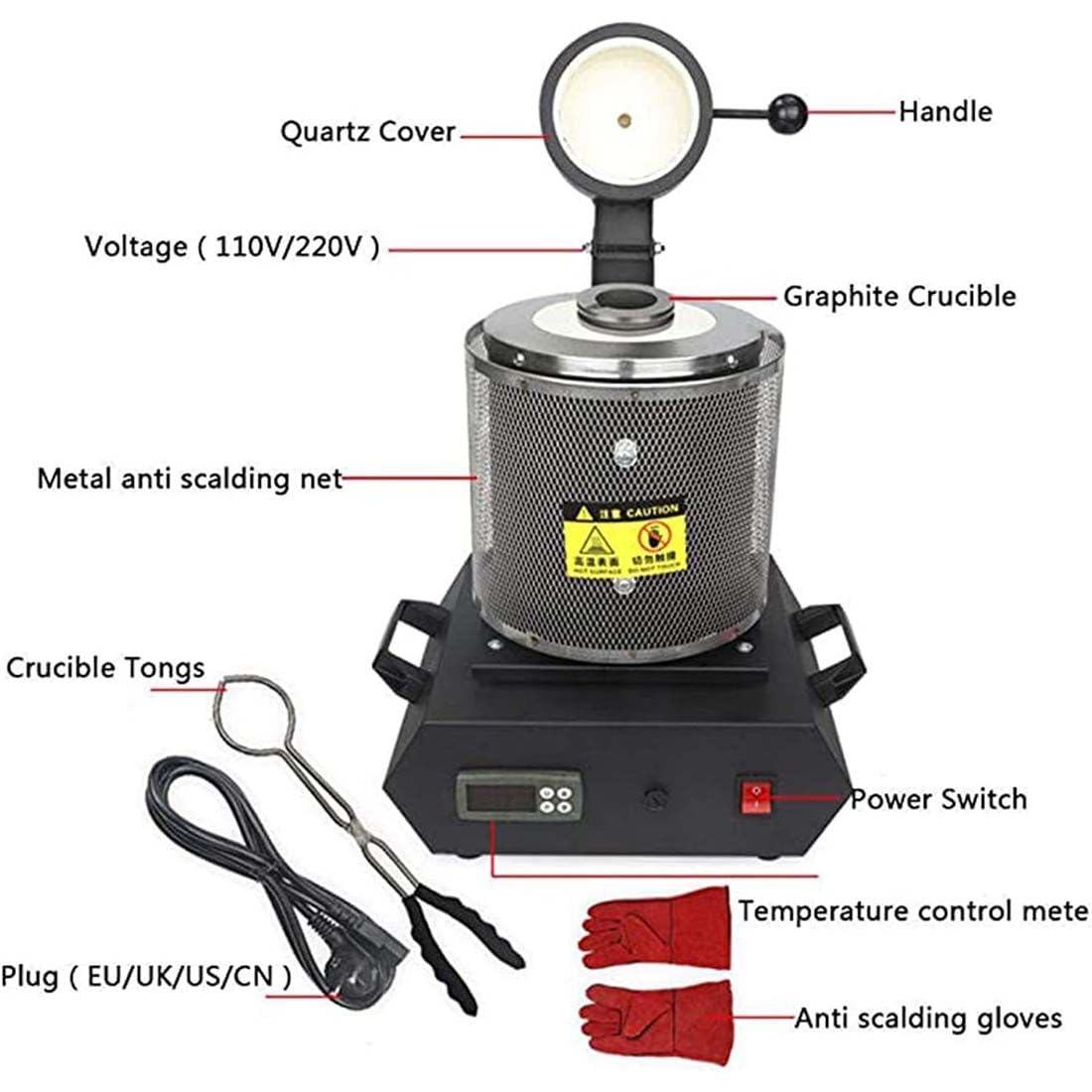 Four De Fusion d'or,Machine De Fusion De Métal Numérique 2102 ℉, Kit De Moulage Métal avec Creuset en Graphite pour Fondre l'argent, l'or, Cuivre, Four De Coulée De Raffinage,Red-3KG