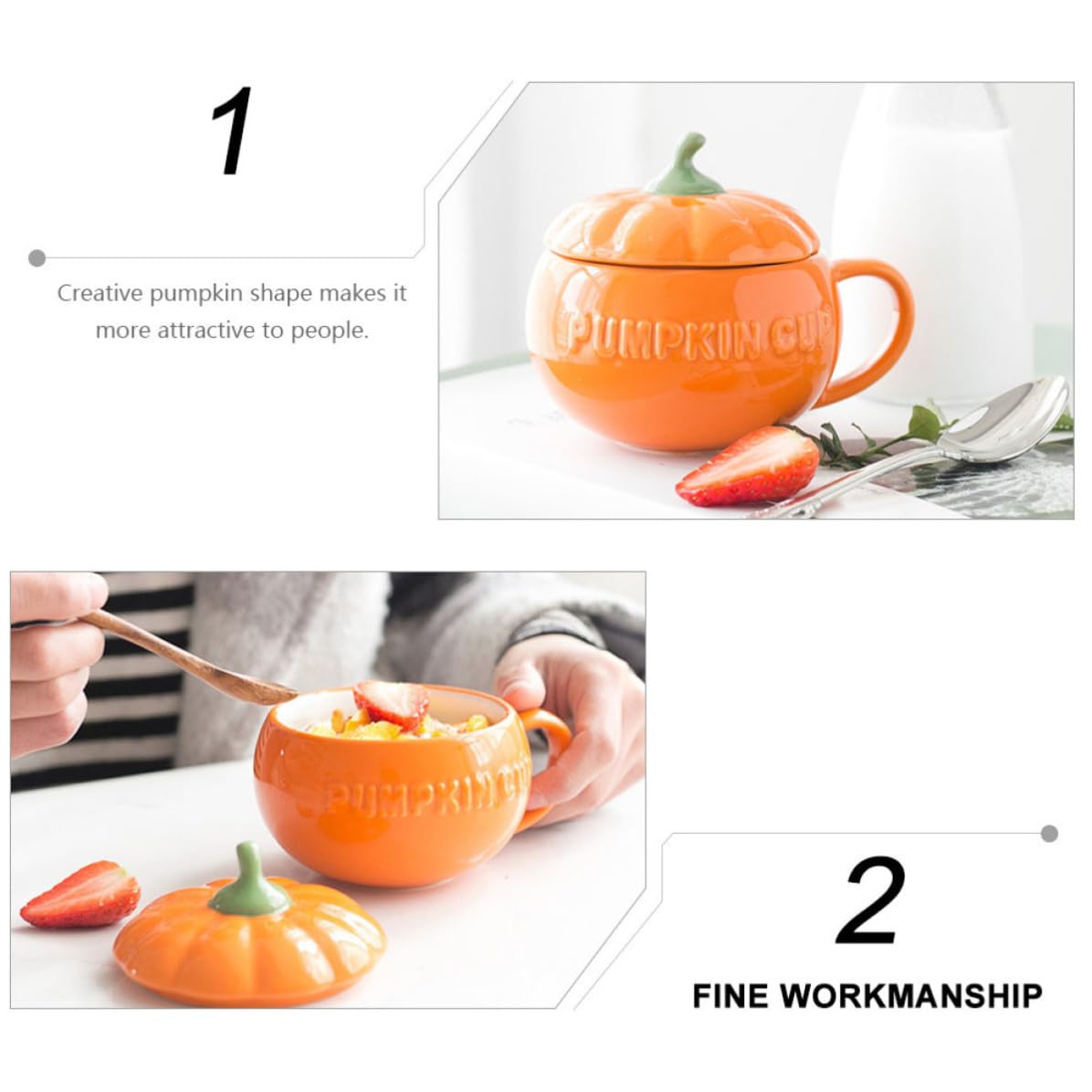 Halloween Milchbecher Keramik Kürbis mit Löffel für Halloween Mottoparty