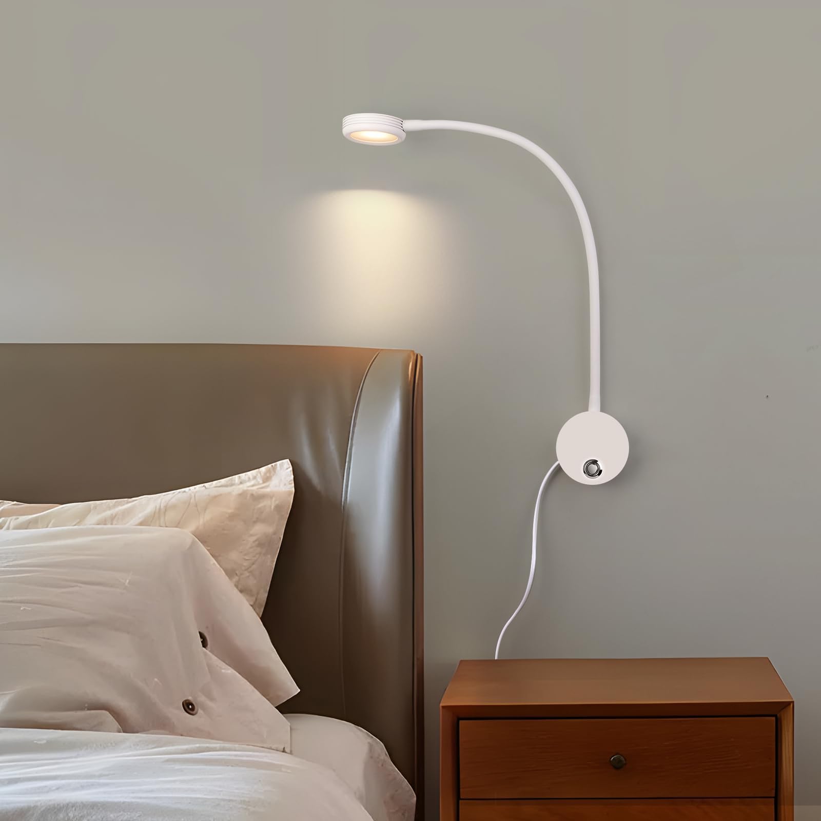 ERWEY 2 Stück LED Leselampe Wandmontage, Wandleuchte mit Touch-Dimmer (3000-6000K), 4W Bettlampe mit 360° Flexiblem Schwanenhals und USB-Ladeanschluss für Bett, Schlafzimmer (Weiß)