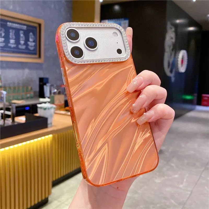 Image of Elzzi Compatible with iPhone 17 Pro Max Case | Marble Glossy Hard PC Back Cover with Diamond Camera Protector | Ultra Stylish Shockproof Back Cover Case for Girls Women-Orange