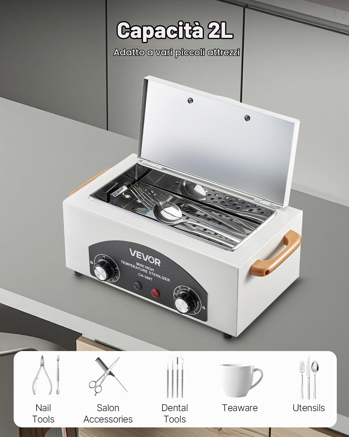 VEVOR Sterilizzatore ad Alta Temperatura, 2 L 300 W Sterilizzatore per Utensili da Manicure con Temperatura e Tempo Regolabili, Pulizia di Strumenti per Unghie per Laboratori, Casa, Centri Estetici