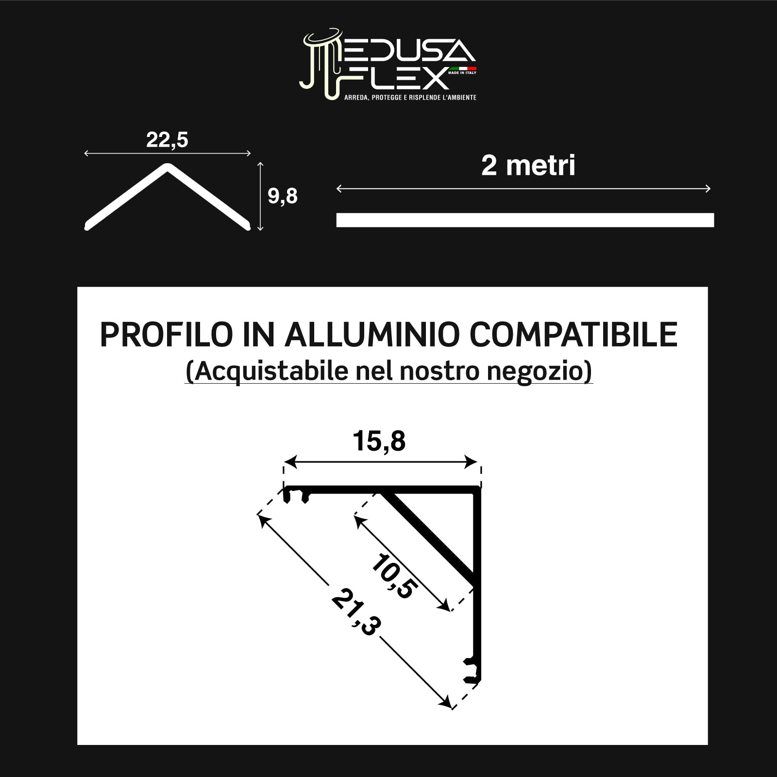 Copertura Angolare Profilo alluminio per Strisce LED MEDUSAFLEX mod. Cubo 2 Metri - Satinata - Made in Italy in Policarbonato stabilizzato UV certificata UL94HB - Garanzia 10 anni - Pacco da 8