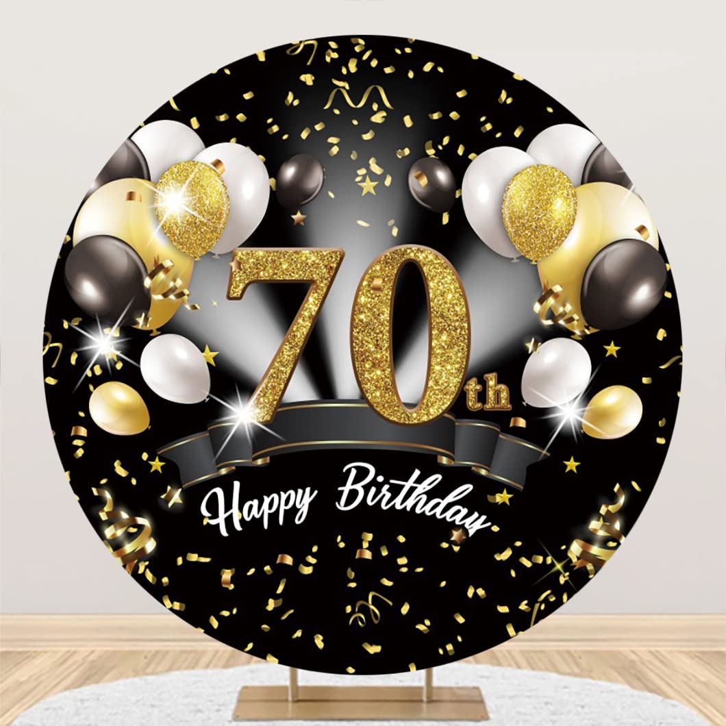 Leyiyi 7.2x7.2ft 70th Happy Birthday Round Backdrop Cover Polyester Black White Gold Balloons Glitter Photography Background for Men Women 70th