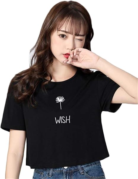 Amazon エージョン レディース ｔシャツ ショート丈 刺繍 へそ出し ハイウェストトップス ゆったりたんぽぽ柄 オシャレ ファッション Tシャツ カットソー 通販