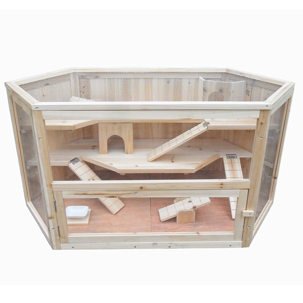 Melko Jaula de madera para animales pequeños, 115 x 60 x 58 cm, incluye 2 casitas + 3 escaleras + 2 balancines, 3 niveles, jaula para roedores