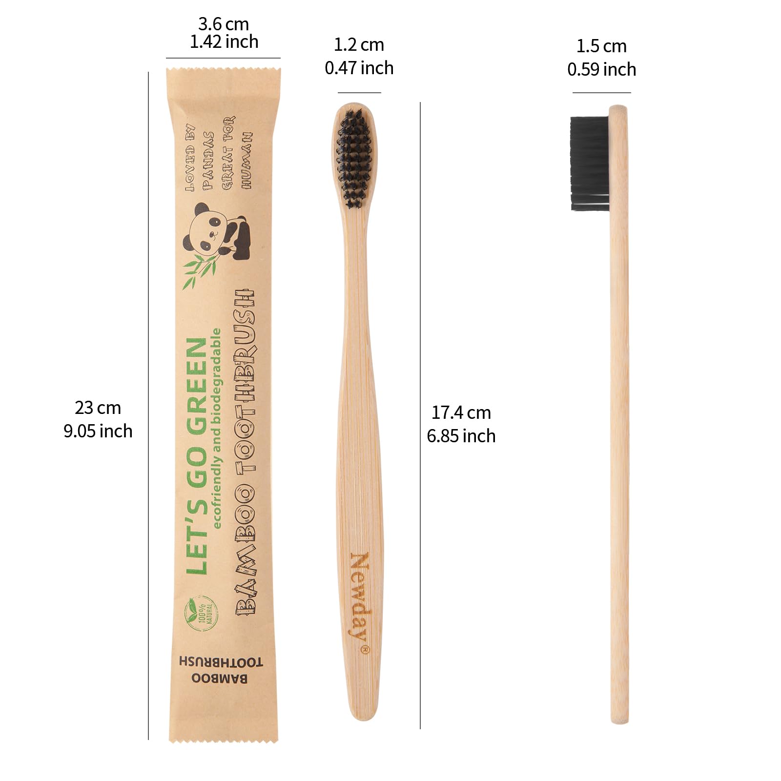 Newday Confezione da 100 spazzolini da denti in bambù, senza BPA, setole morbide e medie, biodegradabili, in carbone di bambù naturale, ecologiche, con setole colorate sfuse (nero)