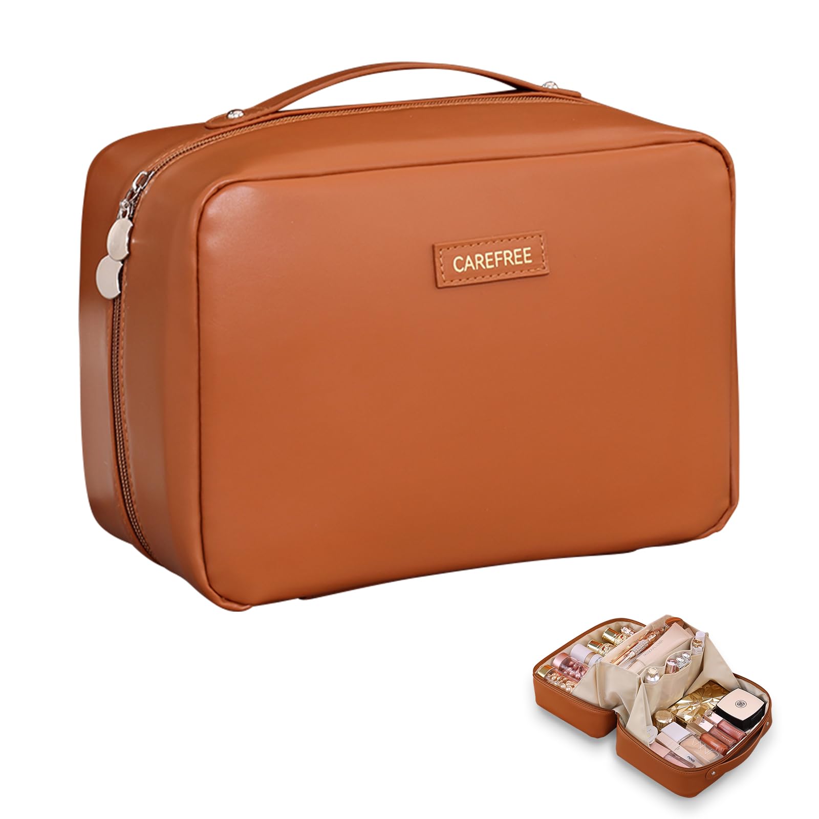 AUCCNT Travel Makeup Bag, Large Capacity Cosmetic Bags for Women, Waterproof Portable Pouch Open Flat Toiletry Bag Make up Bag, Brown