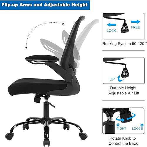 Miniatura 7 de Silla de oficina para el hogar, silla de escritorio ergonómica con soporte lumbar ajustable y reposabrazos abatibles, silla de ordenador de malla