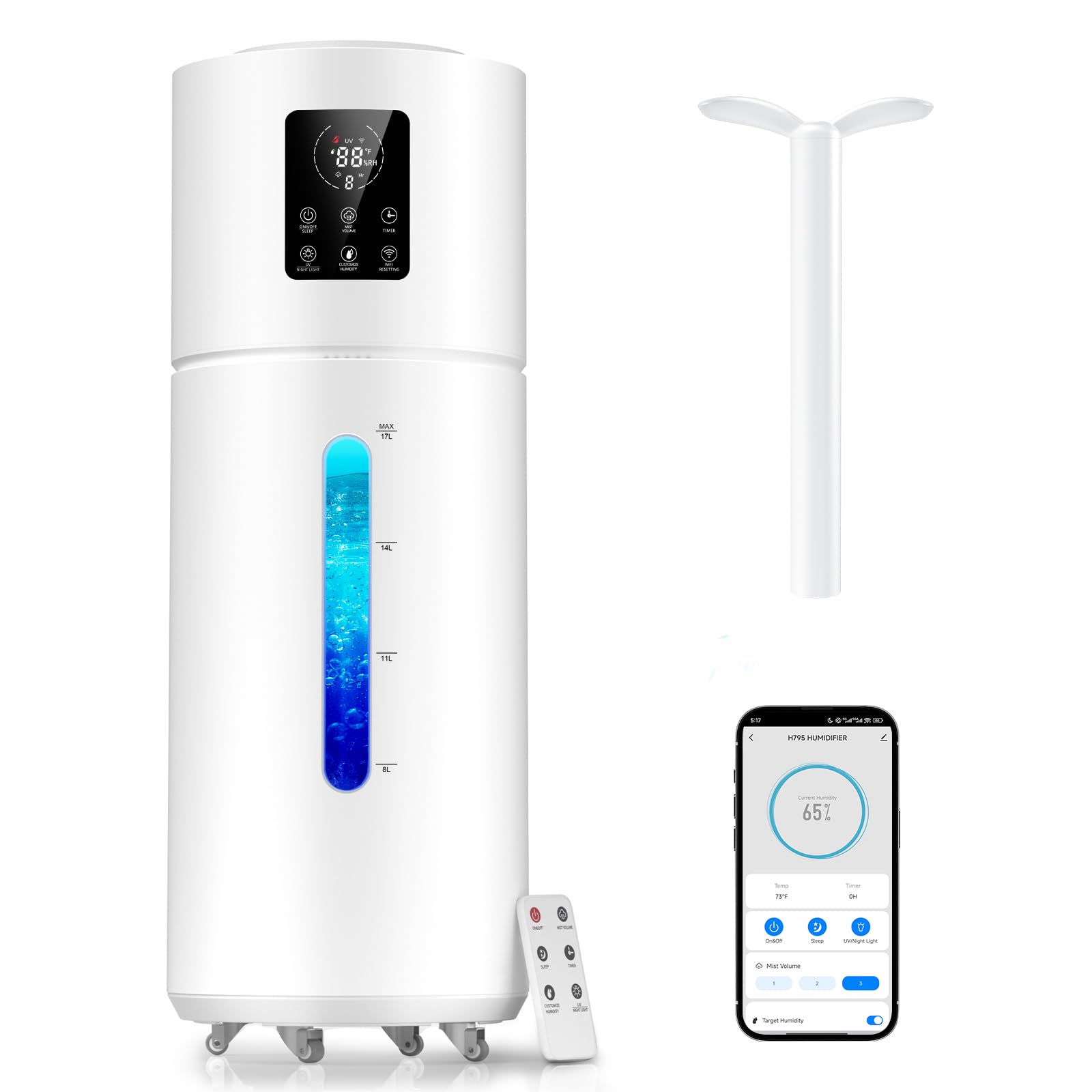 Smart Humidifiers for Large Room Bedroom Home 1800 sq.ft, 17L/4.5Gal Large Humidifier with Extension Tube & 3 Mist Modes, Top Fill Whole House Cool Mist Humidifiers for Plant Commercial Office