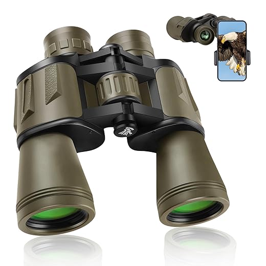 20x50 Binoculars for Adults High Powered, Military Compact HD Waterproof Binoculars with Low Light Vision for Bird Watching Travel Hunting Football Games Stargazing with Carrying Case and Strap(Mud)