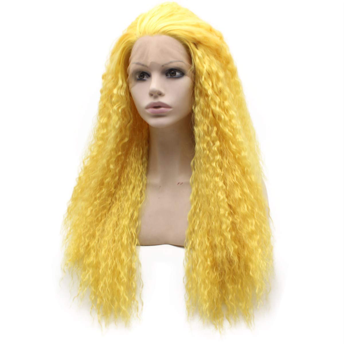 MX angel Long Curly Lace Front Synthetic Hair Yellow Cosplay Party Wig Heat Resistant Fiber