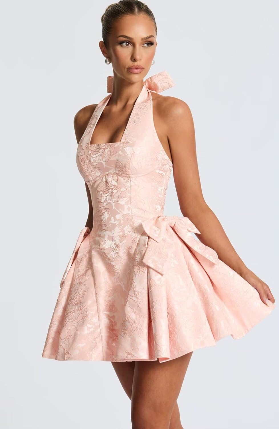 Satin Jacquard Halter Homecoming Dresses with Bow Puffy A Line Corset Summer Formal Evening Gown for Teens