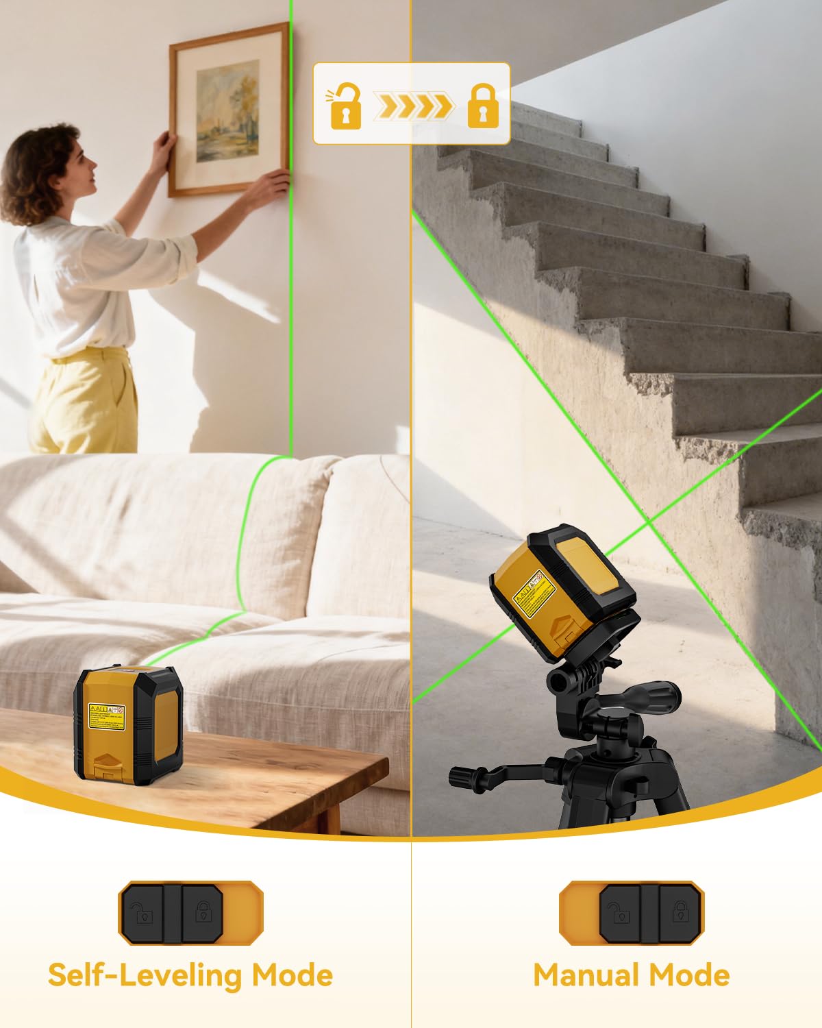 Nikotek Livella Laser Verde con Aggiornato Treppiede, Laser a Linee Incrociate con Raggio Verde Autolivellante,Borsa di Stoffa, 2 AA Batterie, per la Decorazione Domestica/Fai da te/Cantiere ecc.