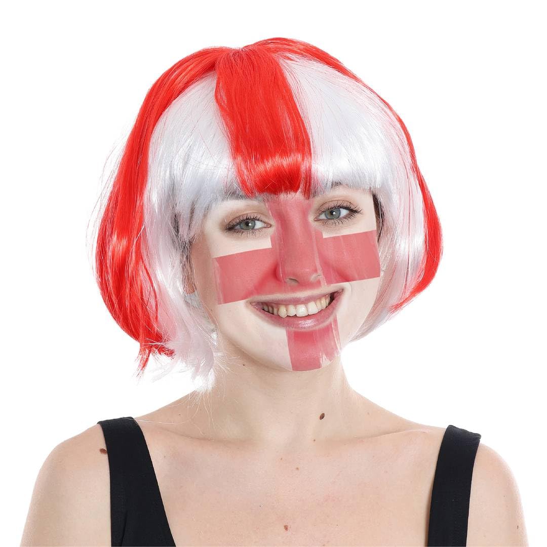 England Supporters Set with Red and White Bob Wig and Professional Face Paint Palettes - St George's Cross Fancy Dress for Sporting Events Football Rugby and National Day Celebrations