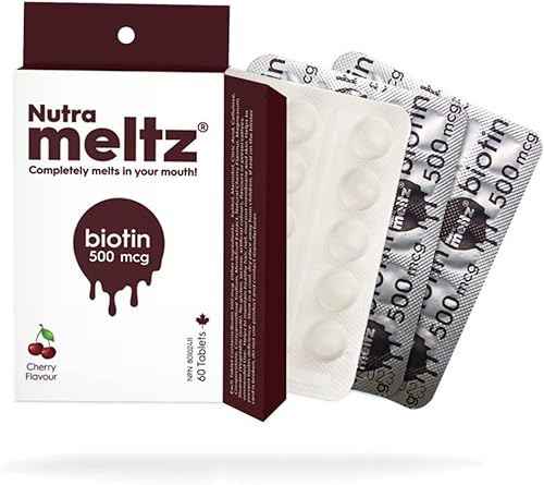 NUTRAMELTZ Biotina 500 mcg I Apoya el cabello, las uñas y la piel saludables, 60 tabletas de fusión 1 paquete I sabor a cereza