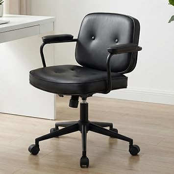 LukeAlon Adjustable PU Leather Desk Chair, Black 360 Swivel Task Chair with Armrest, Thickened Seat, Button Tufted & Wheels for Home Office