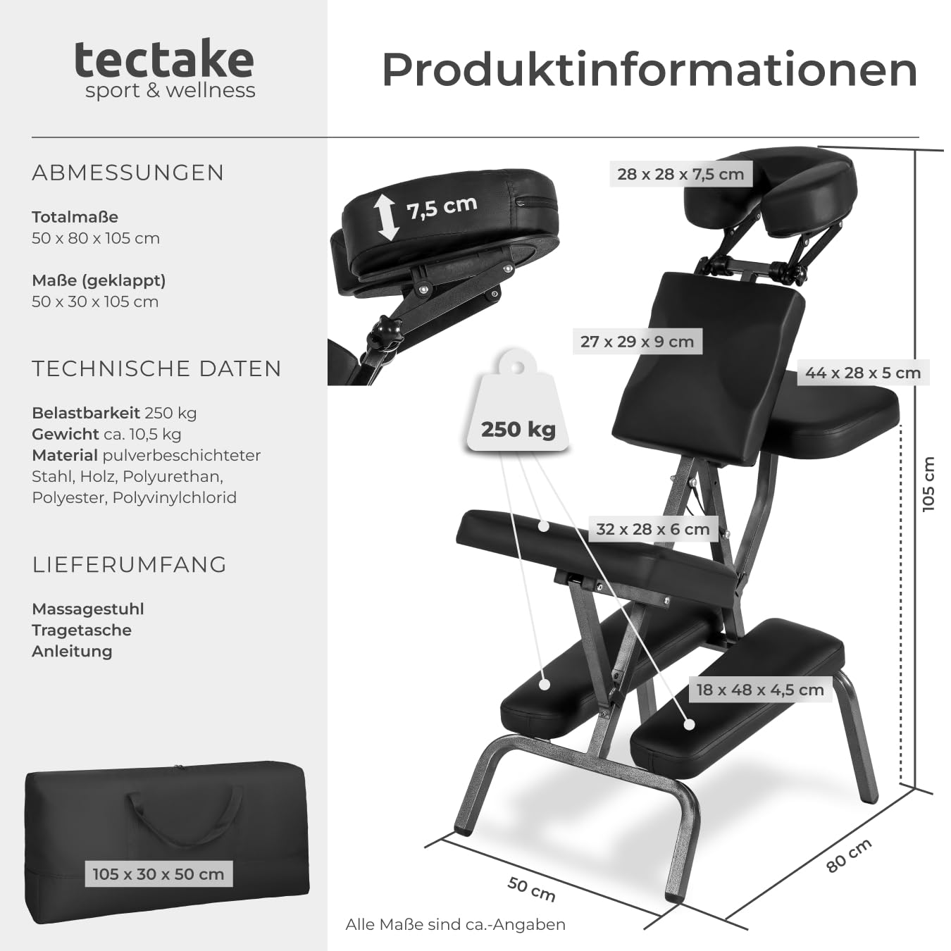 Tectake Massagestuhl klappbar ergonomischer Hocker ohne Armlehne mobil portabel Behandlungsliege zusammenklappbar mit Tragetasche schwarz