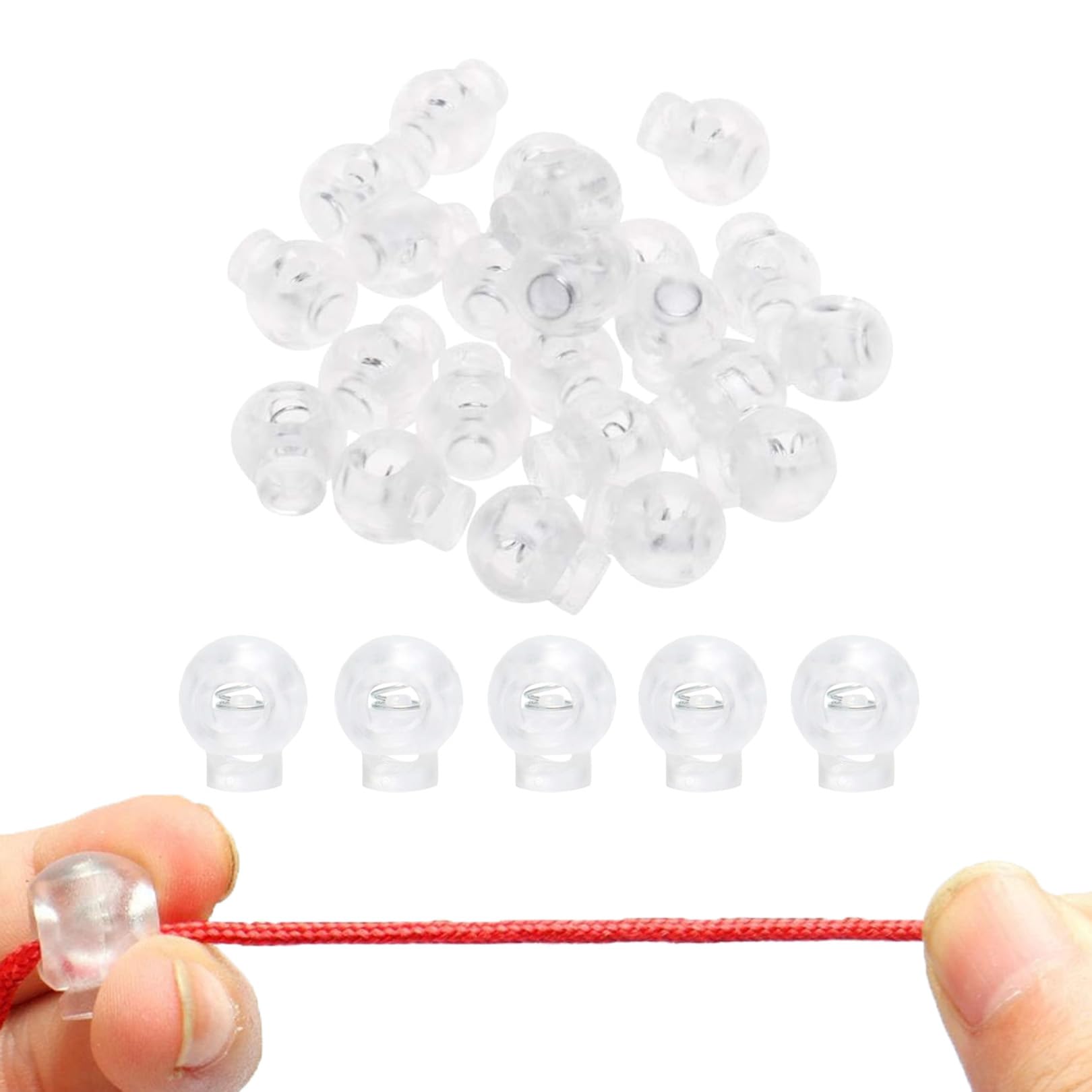 25 Pieces Clear Round Ball Cord Locks Toggles, Spring Cord Lock Single Hole Elastic Cord Adjuster, Spring Loaded Cord Lock, End Spring Toggle Stopper for Drawstrings Use in Shoelace, Bags, Clothing