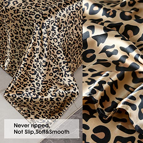 Hengwei Satin Sheets Queen Size - 4 Pc Silky Bed Sheet Soft, Wrinkle-Free,Stain Resistant Satin Sheet Set With 1 Deep Pocket Fitted Sheet, 1 Flat Sheet, 2 Pillow Cases, Printed Yellow Leopard #TOP4
