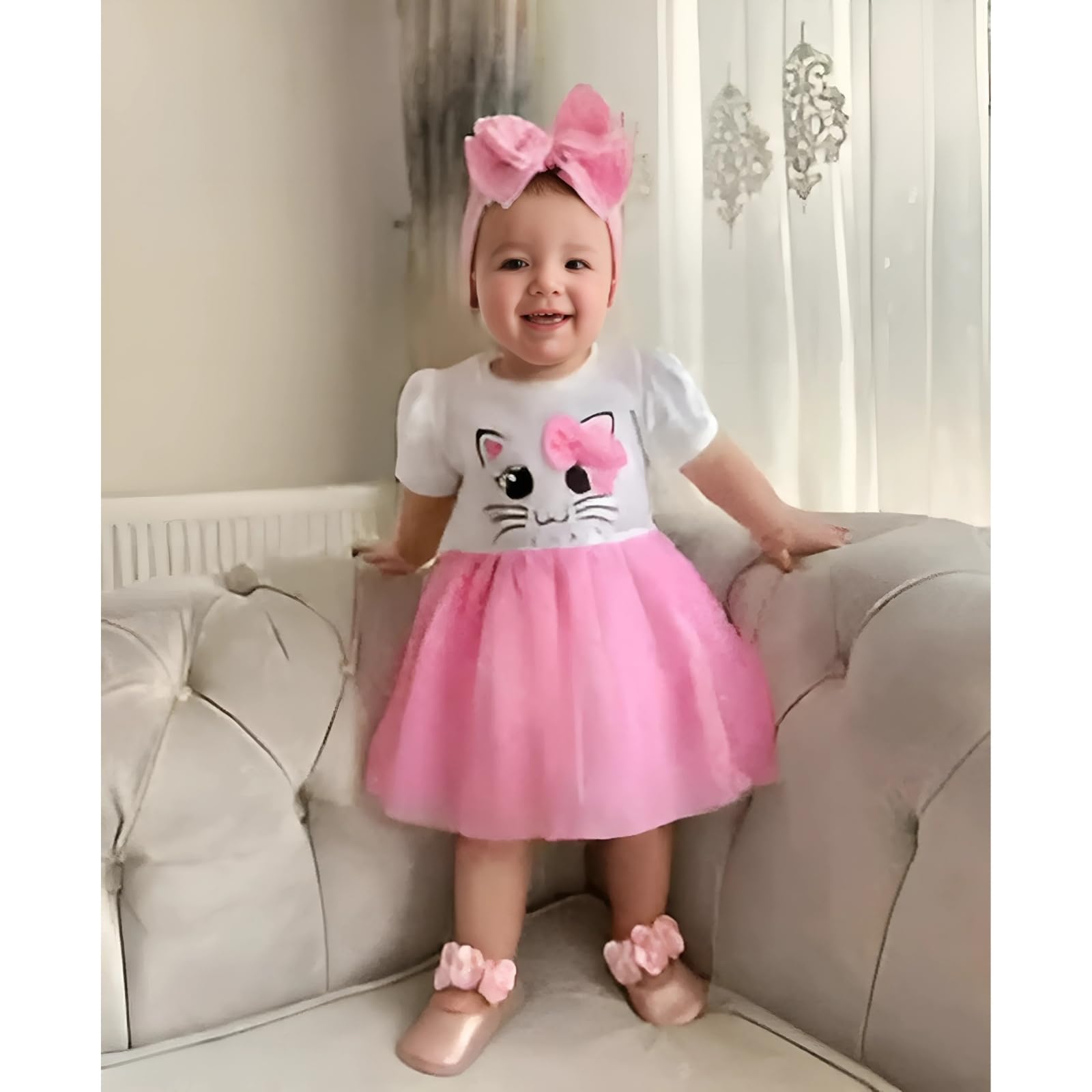 PAMBERSTON Baby Girl's Kitty Cat Tutu Dress with Bow, White and Pink, Flutter Sleeve 3