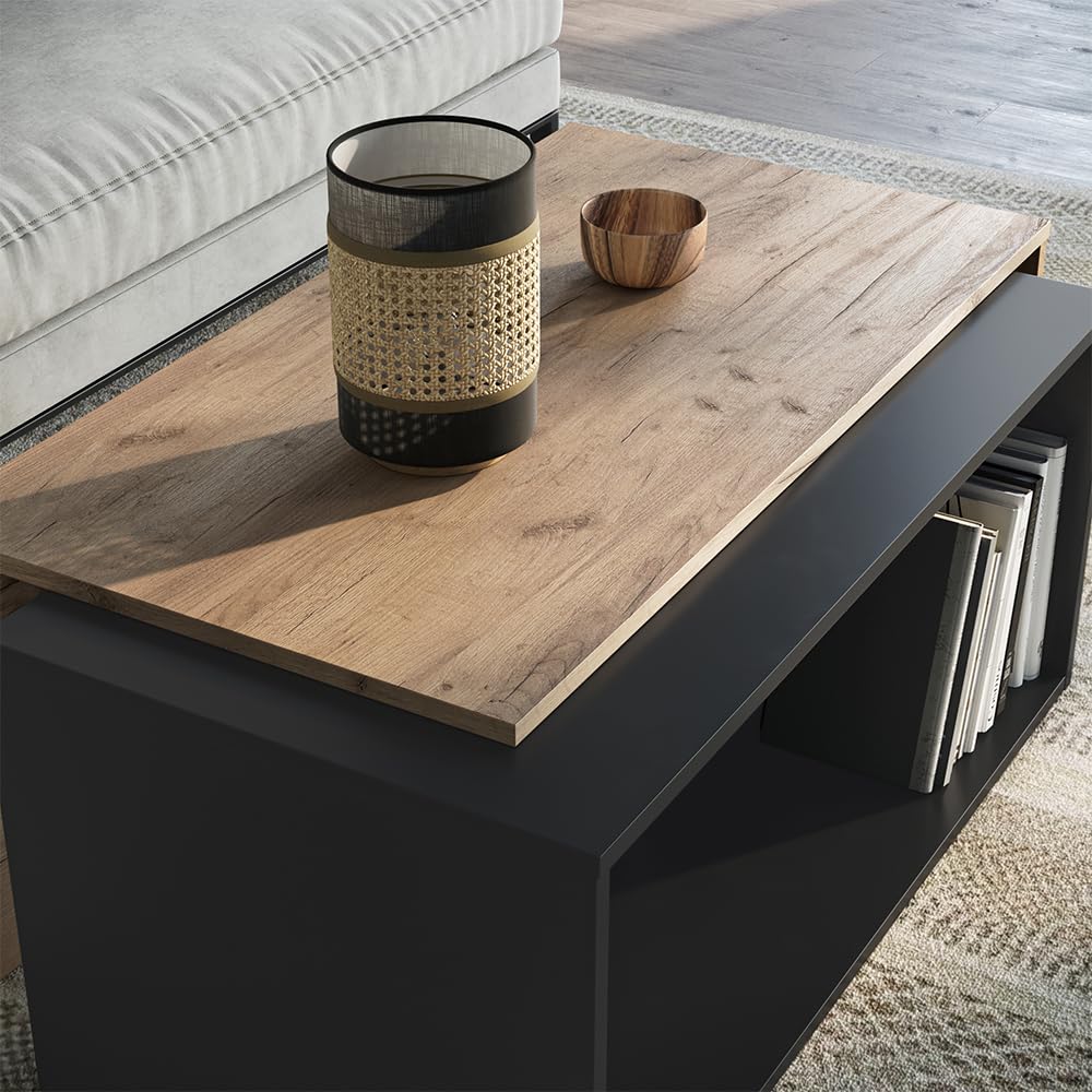 Vicco Mesa de Centro Paul, Antracita/Roble Dorado, 90 x 48 cm | con tablero giratorio y superficie de almacenamiento adicional
