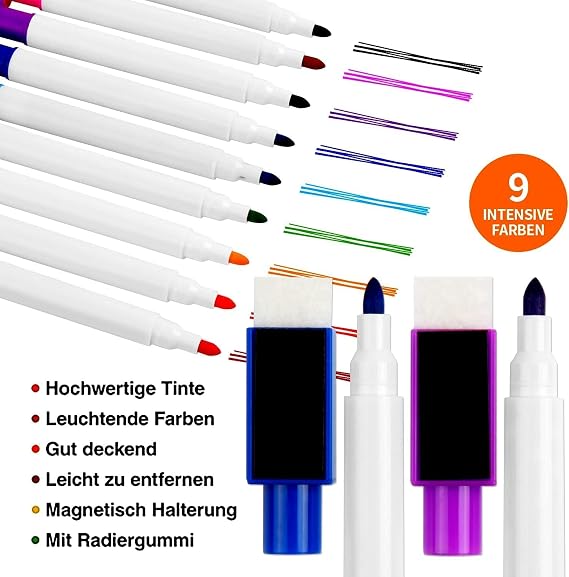 FINGOOO Magnetic Dry Erase Markers, 18 Pieces 9 Colors Fine Tip Point Dry Erase Pen with Erasers White Board Markers for Kids Teachers