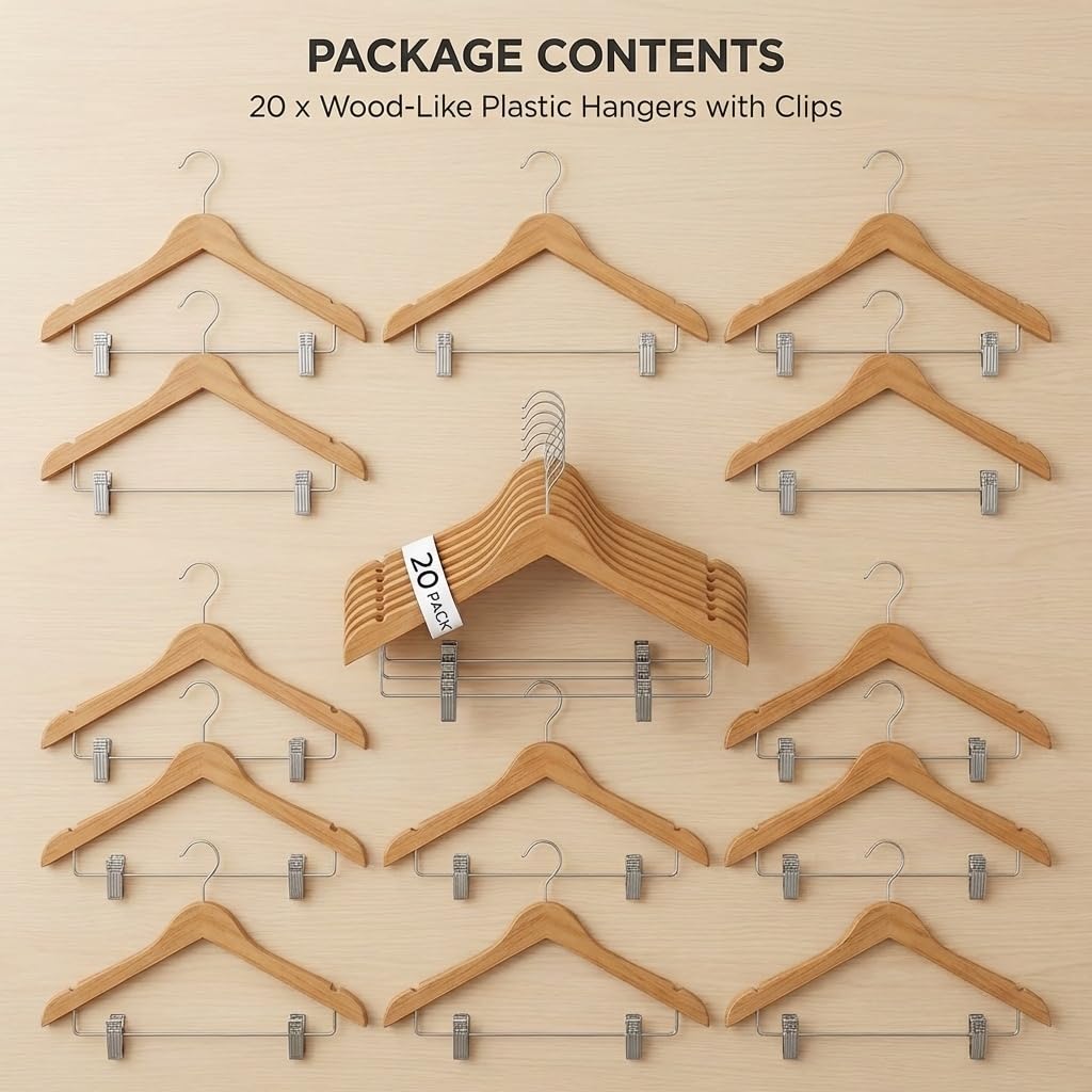 USTECH Percha de madera con forma de arco con clips | Percha de acabado de madera resistente para trajes, pantalones y faldas | Ahorro de espacio en el armario con muesca para hombros para vestidos de