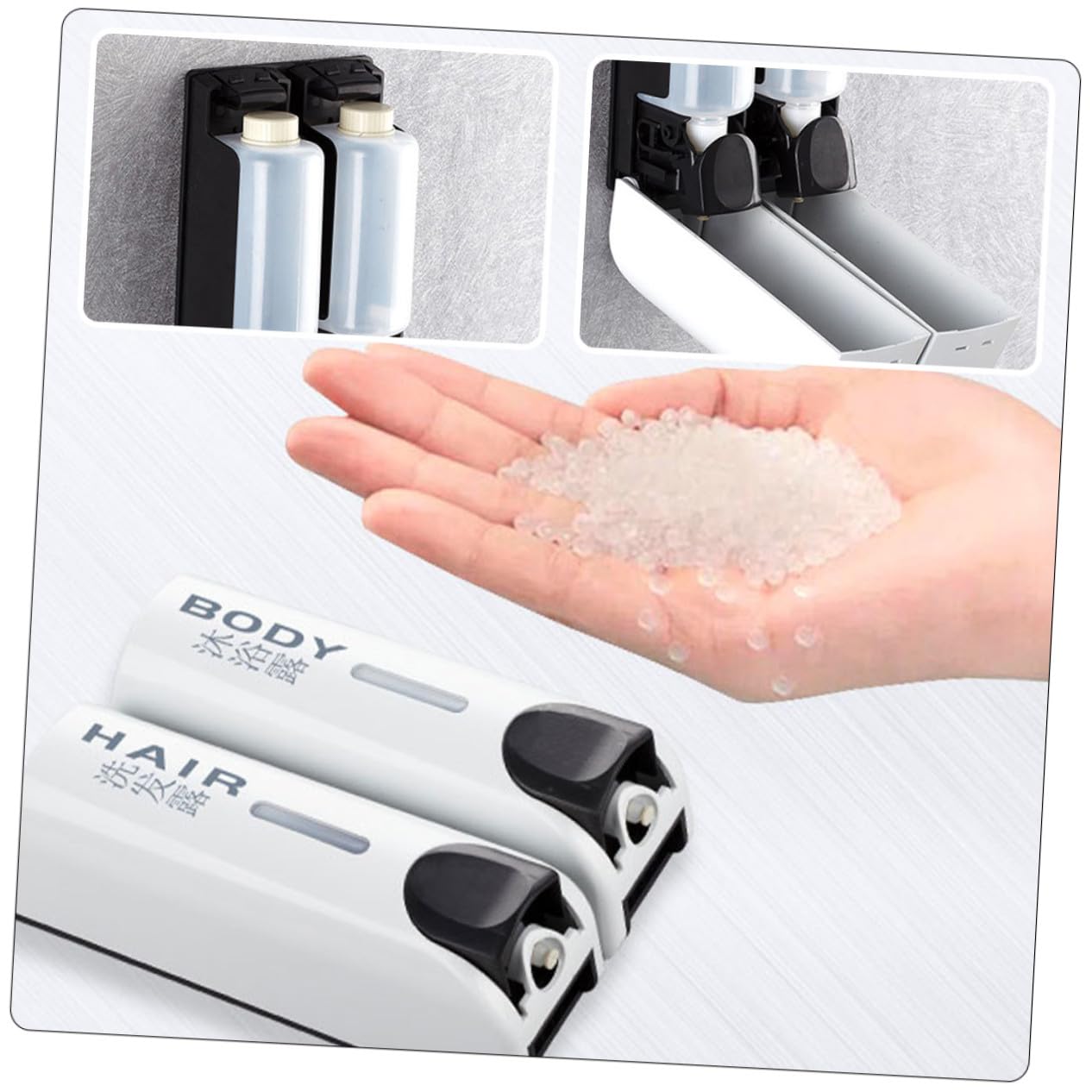 Dispensador De Champú y Jabón De Pared Recargable Doble Cabeza, Plástico Blanco, Botón De Presión Ergonómico, para Baño y Cocina, Sin Taladro, 1 Unidad
