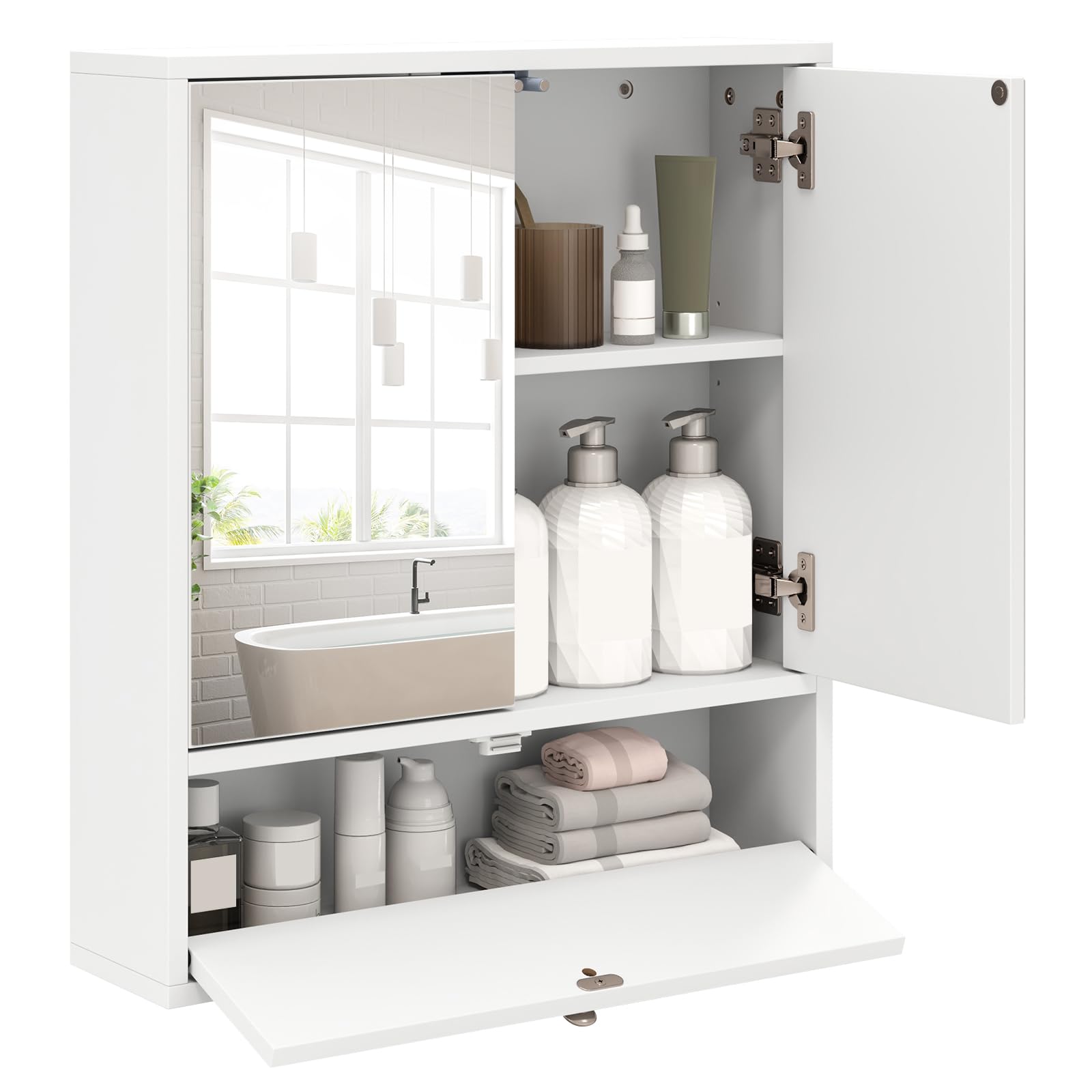 COSTWAY Bathroom Mirror Cabinet, Wall Mounted Storage Cupboard with Shelf, Home Kitchen Living Room Display Organiser Unit (Double Door + Compartment, White) — image 1