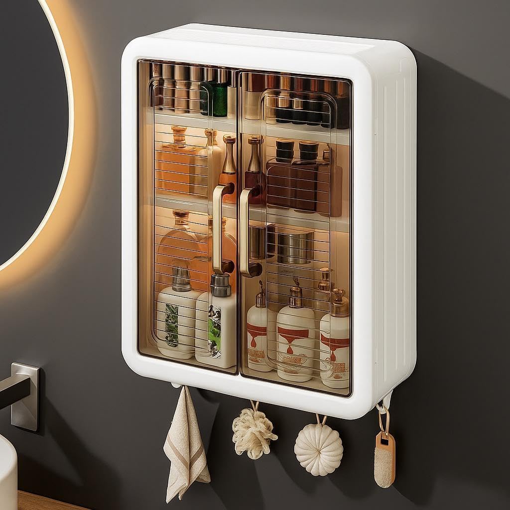 YouCopia Wall Mounted Self Adhesive Bathroom Shelf Storage Cabinet for Kitchen Multipurpose Organizer with Doors and Shelves (Material- Plastic, White, Pack of 1)