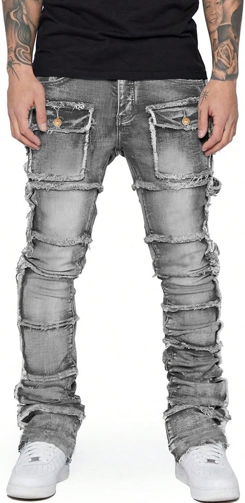 Men Stacked Jeans Skinny Black Ripped Patchwork Denim Pants