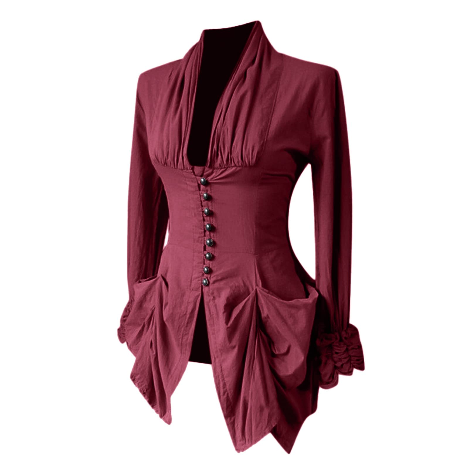 Medieval Victorian Women's Ruffle Lace Shirt Gothic Party Top Lolita Long Sleeve Vintage Baroque Top Steampunk Renaissance Blouses, A wine, XXL