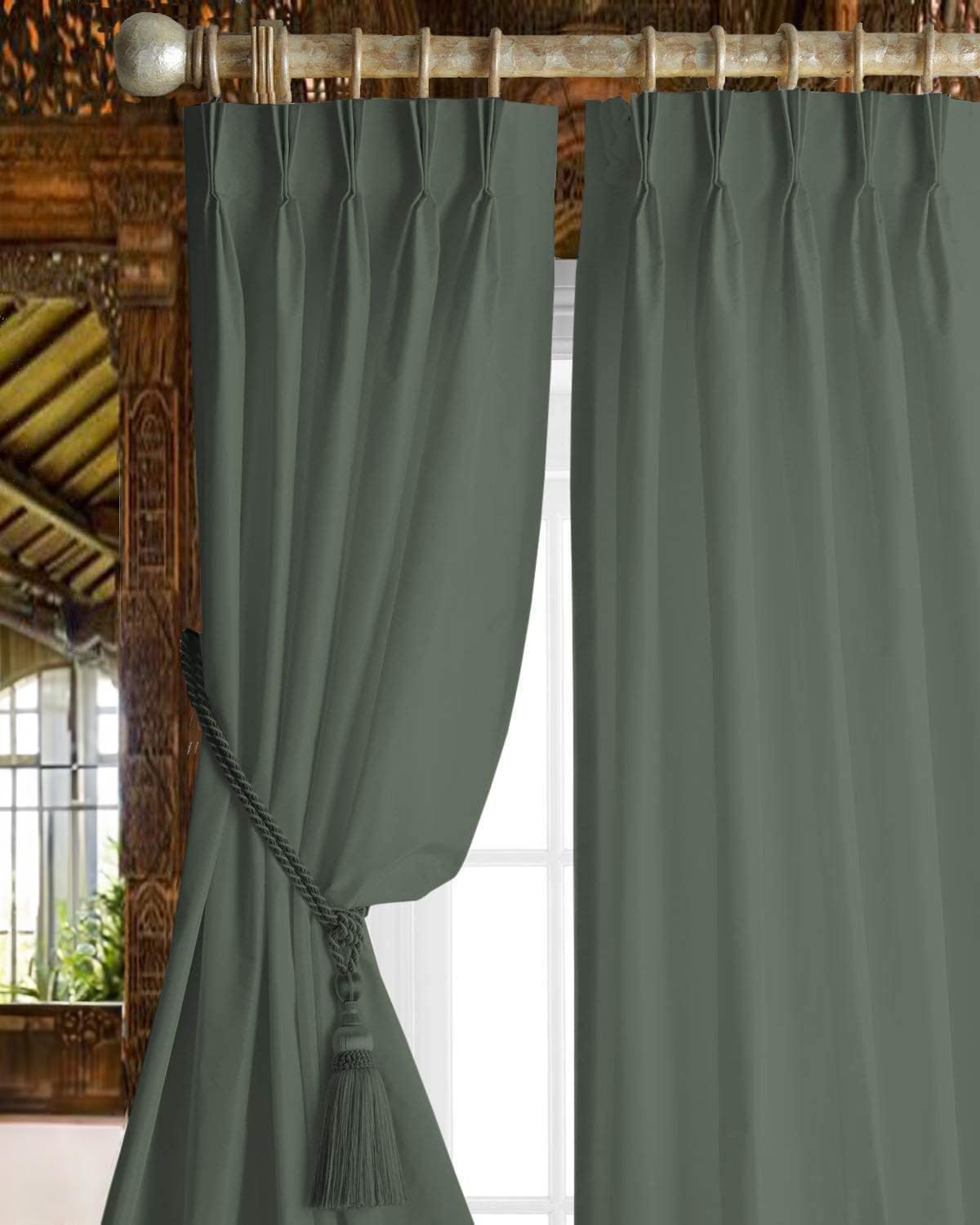 Triple Pinch Pleated Blackout Curtains Thermal Insulated Room Darkening Curtains for Bedroom/Livingroom Pack of 2 Panels, Tiebacks, Hooks (Dark Grey)