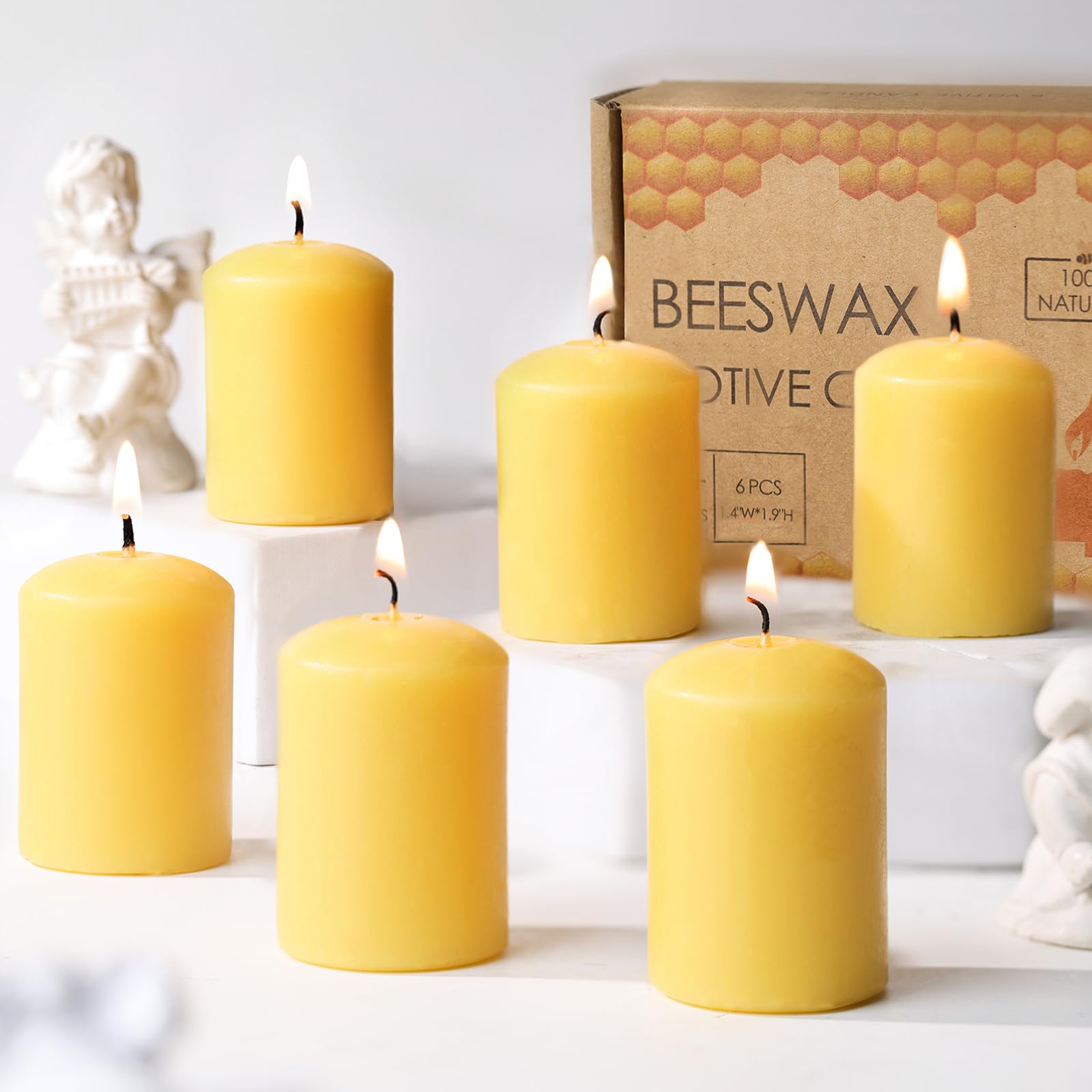 11 Hour Long Burning Beeswax Votive Candles,6 Pack Natural Yellow Unscented Small Pillar Candles for Weddings, Home Decor and Spa, Smokeless & Dripless Votive Candle Bulk Set