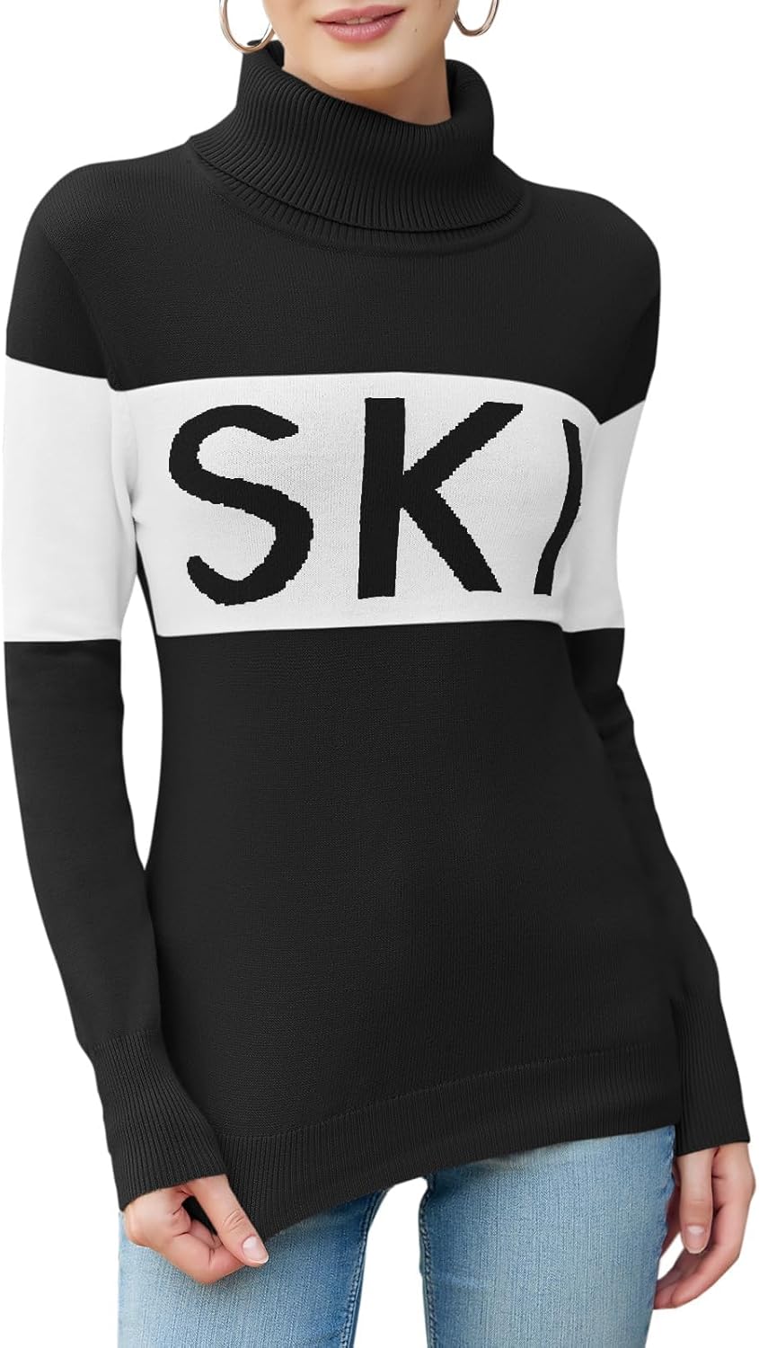 LCXWFE Womens Ski Sweaters Color Block Long Sleeve Turtleneck Pullover Sweater Trendy Knitwear Tops