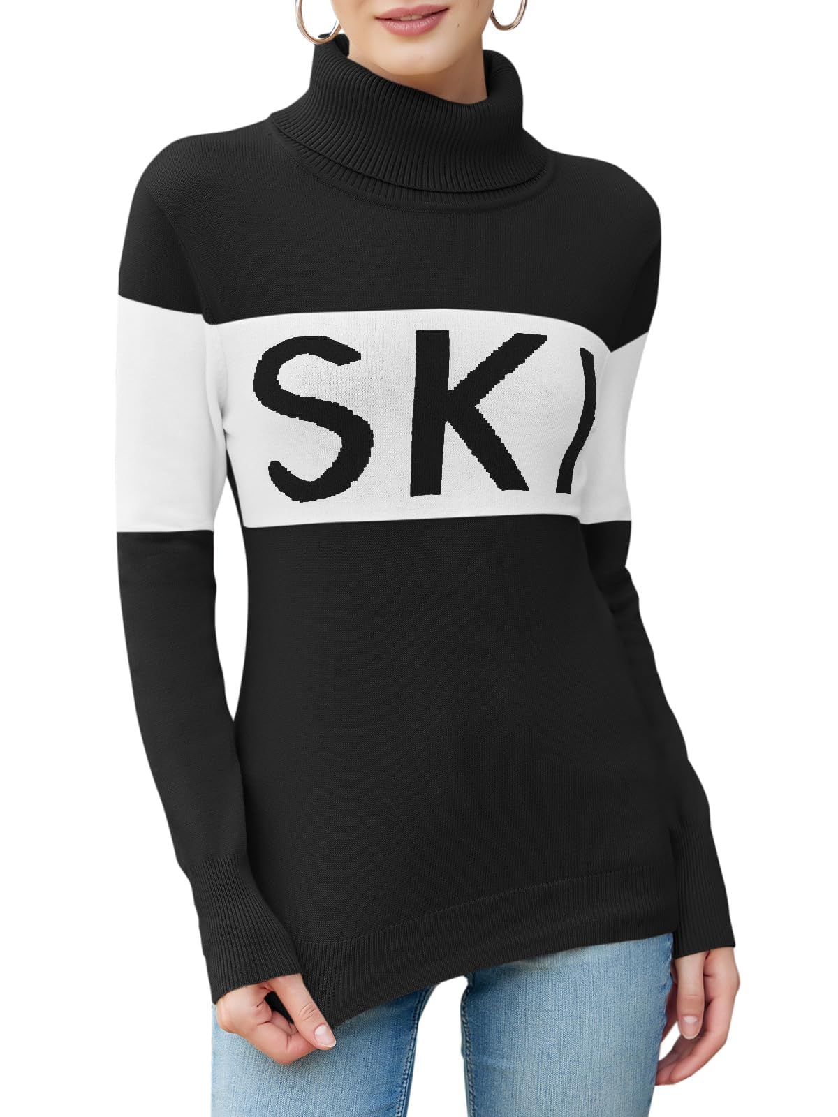 LCXWFE Womens Ski Sweaters Color Block Long Sleeve Turtleneck Pullover Sweater Trendy Knitwear Tops