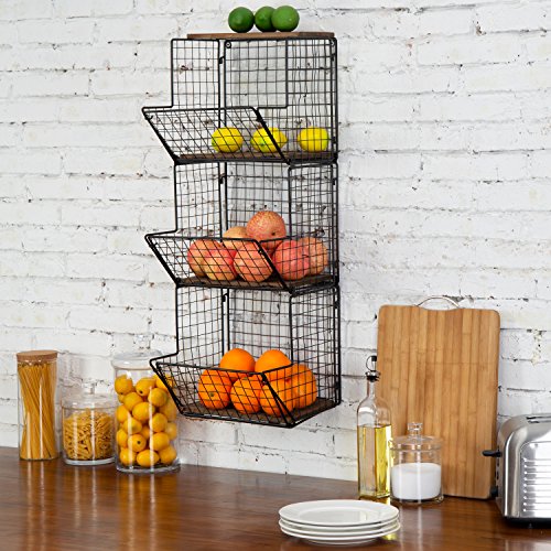 Mygift 3 Tier Wall Mounted Black Metal Wire Hanging Kitchen Basket, Kitchen Fruit And Produce And Storage Bin With Wood Base #TOP1
