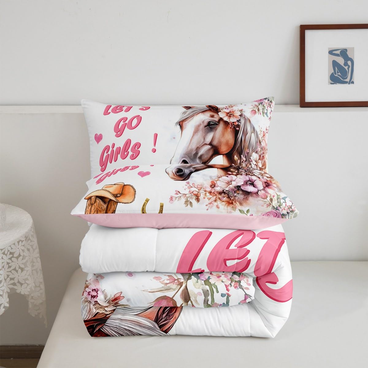Erosebridal Juego de edredón de caballo, juego de ropa de cama con botas vaqueras occidentales para niñas y adolescentes, juego de cama de caballo de granja del salvaje oeste, decoración rústica de