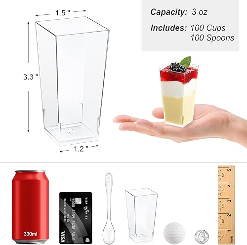 Miniatura 2 de Zezzxu Paquete de 100 mini tazas de postre con cucharas, mini tazas cuadradas de 3 onzas para postres, taza de postre de plástico para servir